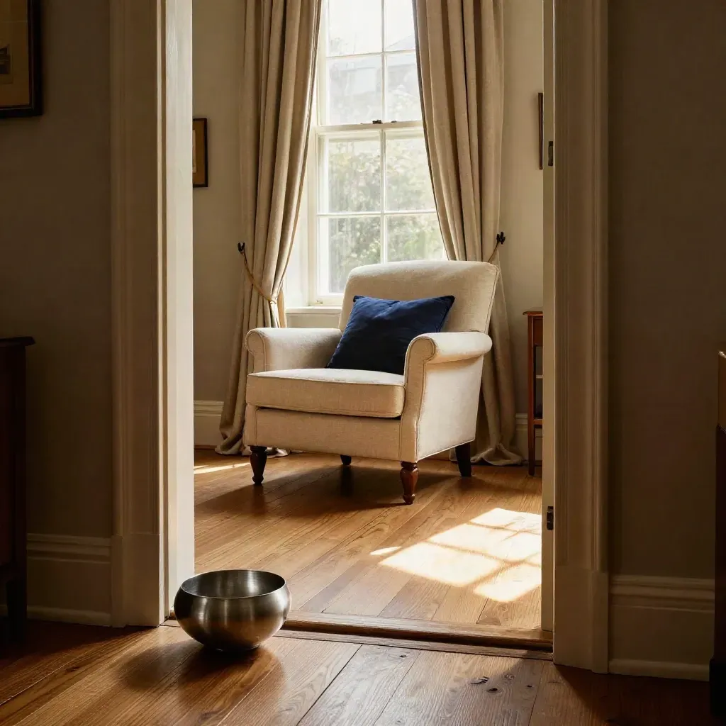 Sunlit living room details with a pewter key bowl, navy cushion and polished floorboards
