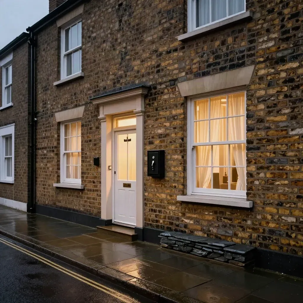 Terraced rental facade at dusk with glowing doorway, key safe and wet pavement after rain.