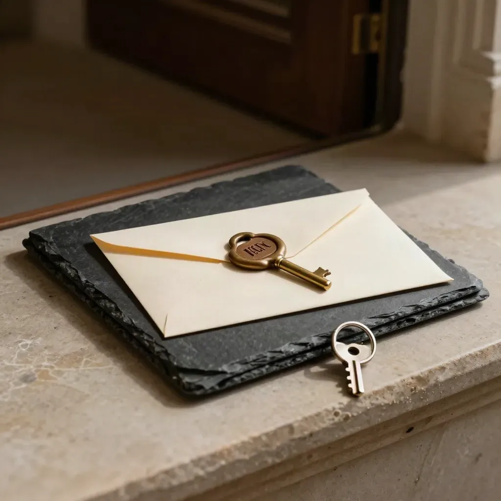 Sealed tenancy bundle with slate binder, brass key and cream envelope on pale stone