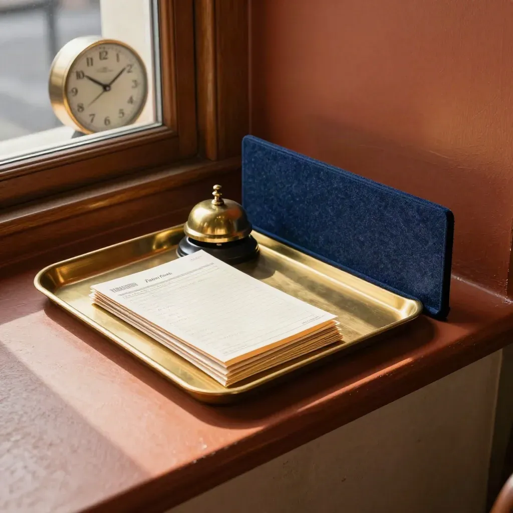 Overhead rent-collection tray with pouches, brass bell, wall clock and navy divider.