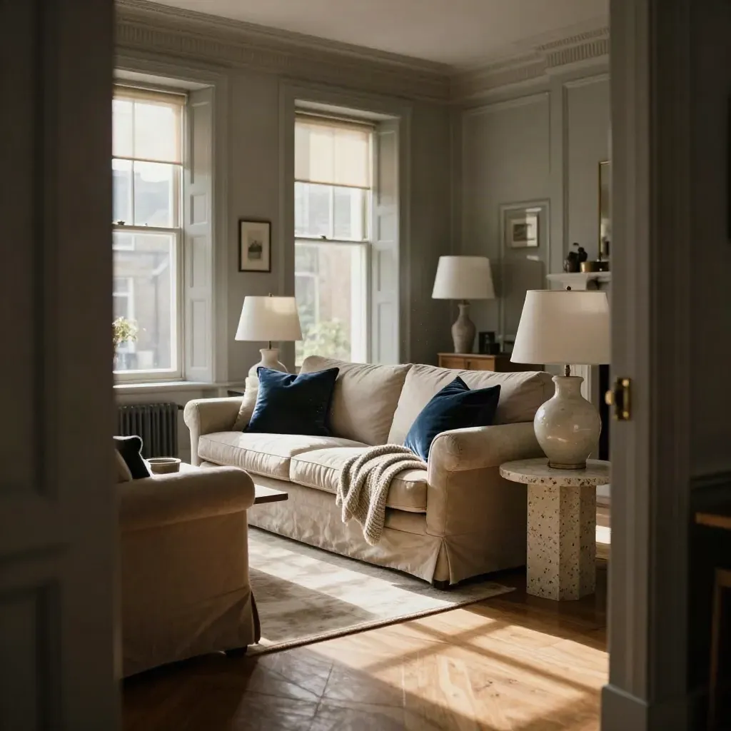 Sunlit Clapham Victorian flat living room with sofa, armchair and warm floorboards