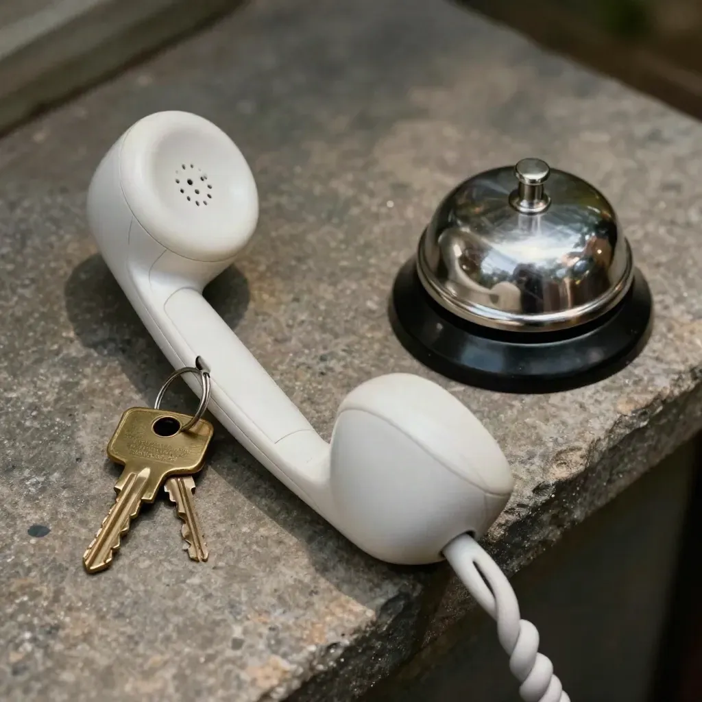 White intercom handset, brass keys, entry bell and lockbox dial on a stone ledge.