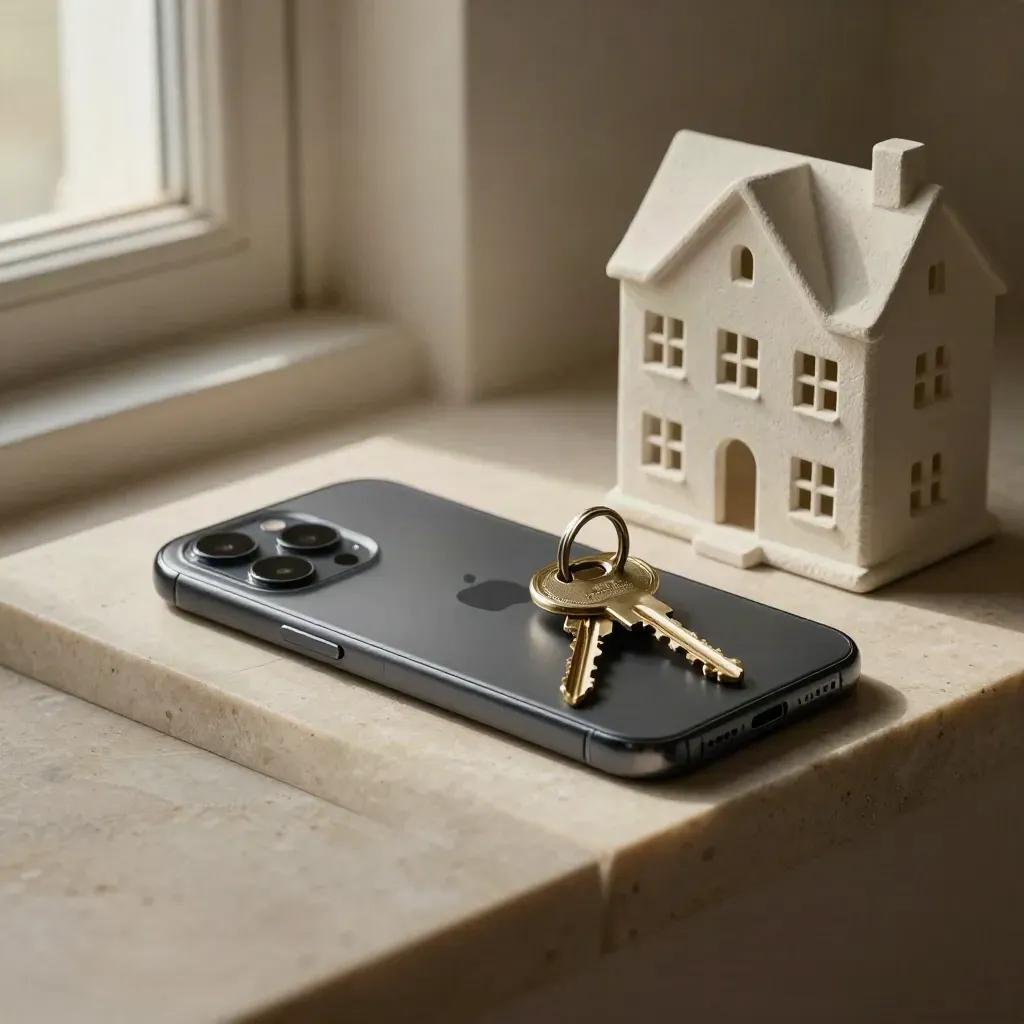 Face-down phone, brass keys and plaster house model on limestone shelf in soft window light.