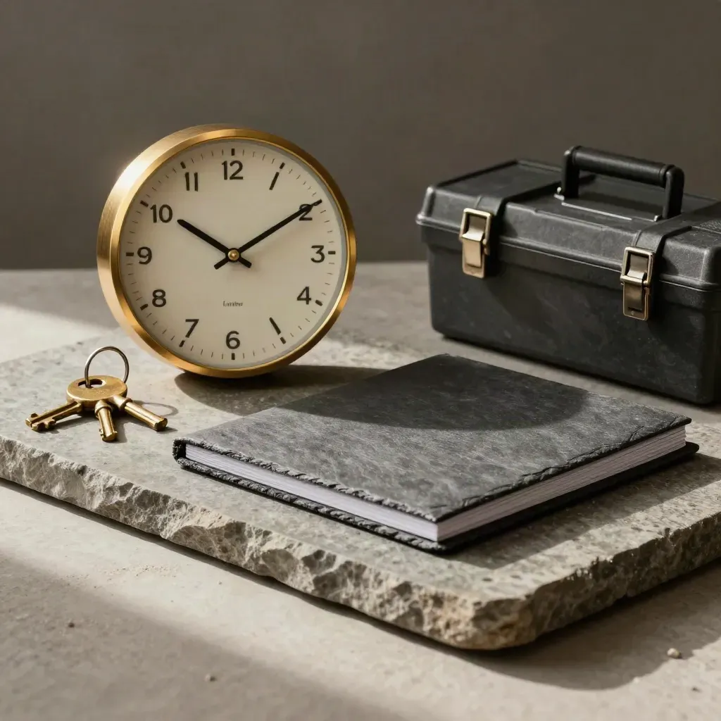 Clock, keys, folder and toolbox on a stone slab in soft workshop light.